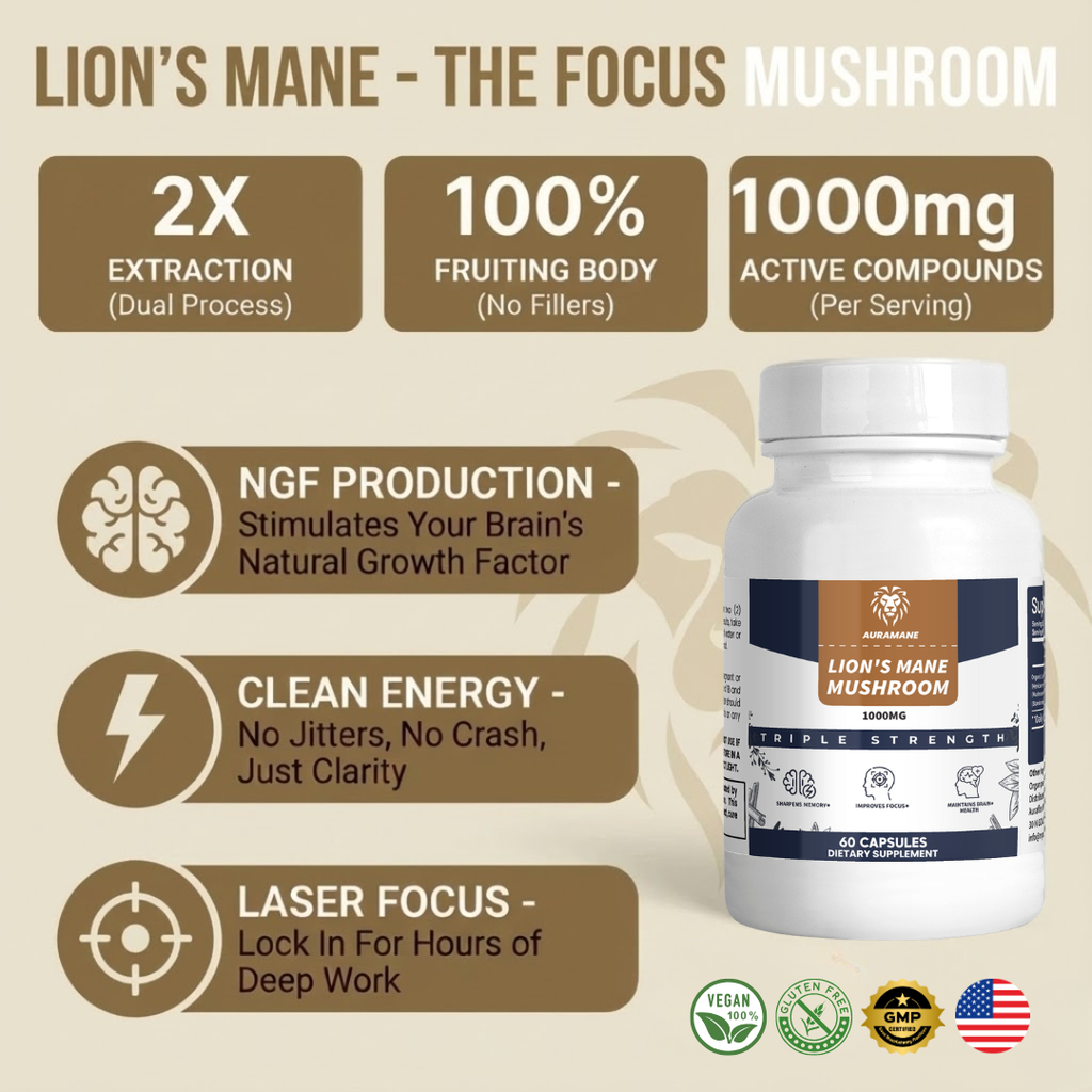 AuraMane™ Organic Lion’s Mane Functional Mushroom | Calm Focus & Clear Thinking
